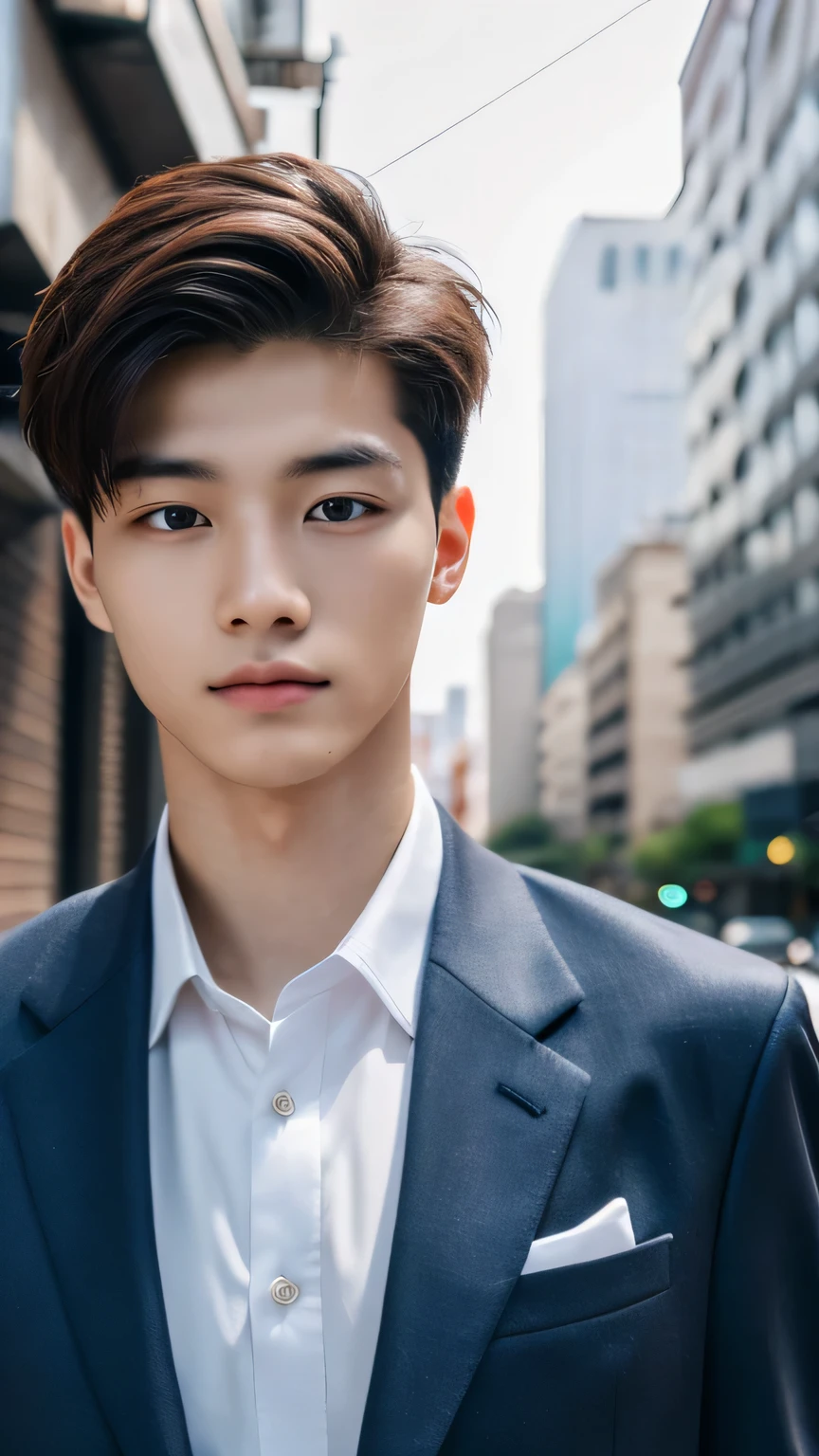 Highest quality, masterpiece, Ultra-high resolution, (Realistic: 1.4), Original photo, wallpaper, Head Photo, skin, Simple Background, Iris, detailed, Selfie, 1 boy, 18-year-old, good looking, Wind,suit、bustling street