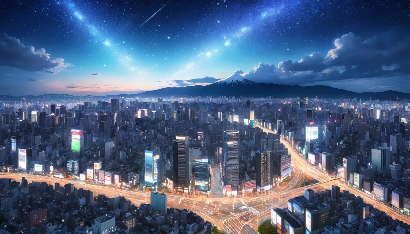 Intersection in Shinjuku,Viewpoint from the road,Starry Sky,Sparkle effect,Highest quality, 8k, High resolution, masterpiece:1.2, Very detailed, Realistic:1.37, High resolution, 超High resolution, Very detailed, Professional, Vibrant colors