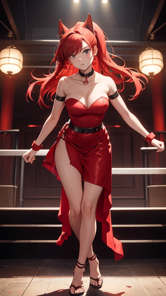 A girl with red cat ears, red hair, ponytail, she is wearing a red strapless dress that leaves her thighs and legs and feet exposed, full body, she has her arms half open, her wrists are handcuffed and chained by a metal chain that connects to a steel collar that is around her neck, in a high-class ballroom, there are men in suits in the background and an audience in the background, she is wearing red gloves that go from her hands to half of her arms, she is worried, anxious, barefoot, her hands are half open