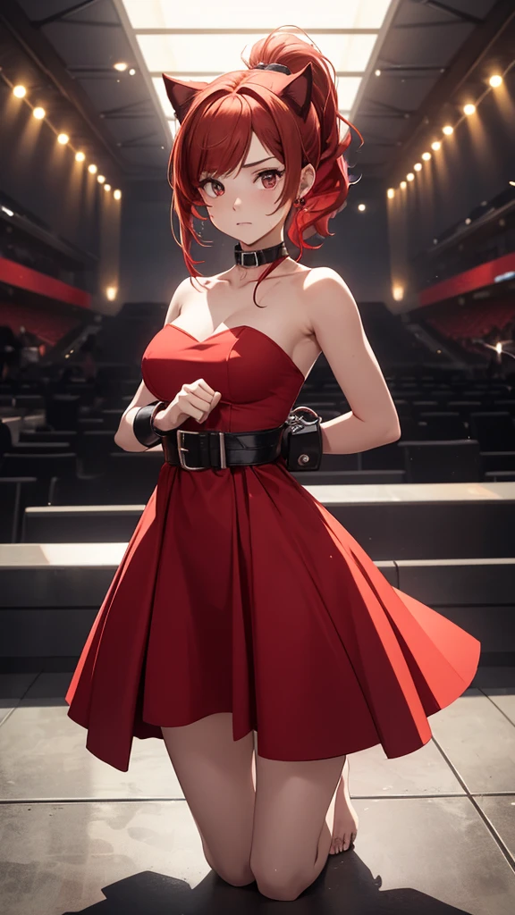 A girl with red cat ears, red hair, ponytail, she is wearing a red strapless dress that leaves her thighs and legs and feet exposed, full body, she has her arms half open, her wrists are handcuffed and chained by a metal chain that connects to a steel collar that is around her neck, in a high-class ballroom, there are men in suits in the background and an audience in the background, she is wearing red gloves that go from her hands to half of her arms, she is worried, anxious, barefoot, her hands are half open