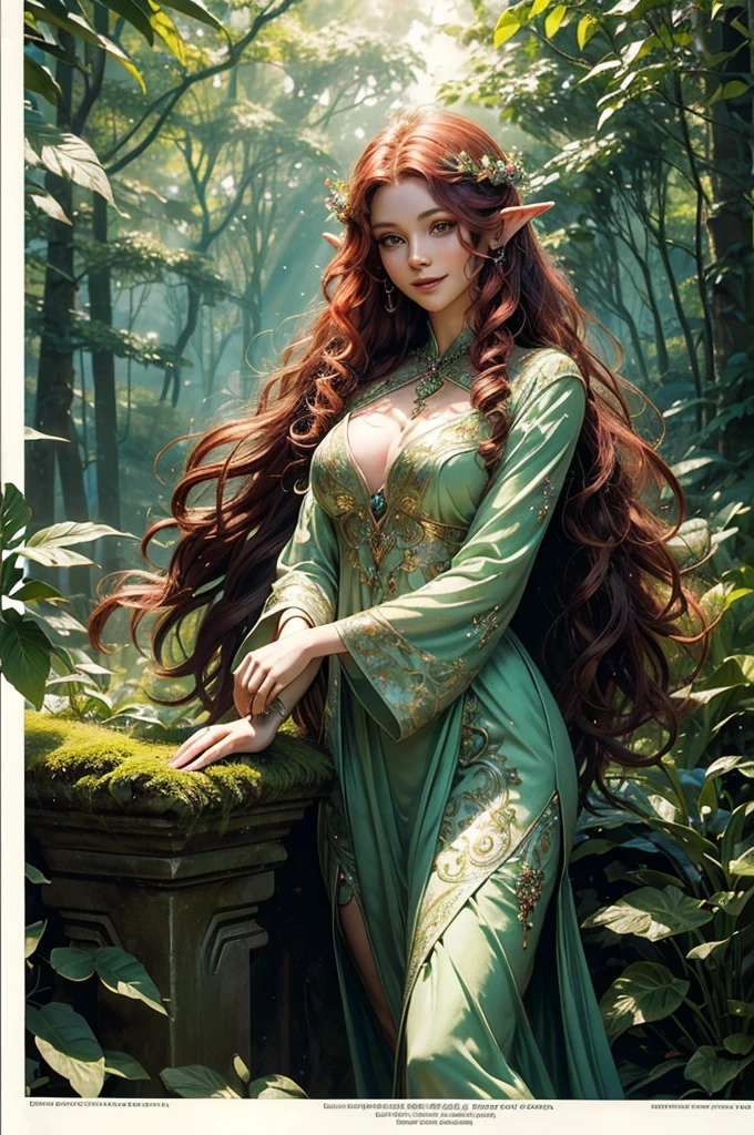 (A charming elf woman with piercing green eyes, flowing red curly hair, and a bright smile) (Lush, bright colors, Detailed Background, fantasy setting, Dreamy lights and bright sunshine) [oil painting, fantasy art,illustration] (best quality, 4K,High resolution,Photo-realistic) (Mysterious forest with towering trees, vibrant flowers, and magical creatures)(soft, Ethereal lights cast dappled shadows) [Mossy stone road, Gentle breeze，Rustling leaves, sparkling fairy dust] (Elf woman wearing elegant green dress，It is decorated with intricate forest patterns, shining with charming light) (Delicate flowers are woven into her hair, sparkling with dew) (Calm expression, elegant posture, Surrounded by an aura of graceful power and wisdom) [An ancient spell book lay open beside her, hinting at her mystical abilities] (Sunlight filtering through dense leaves, Create a warm and welcoming atmosphere)