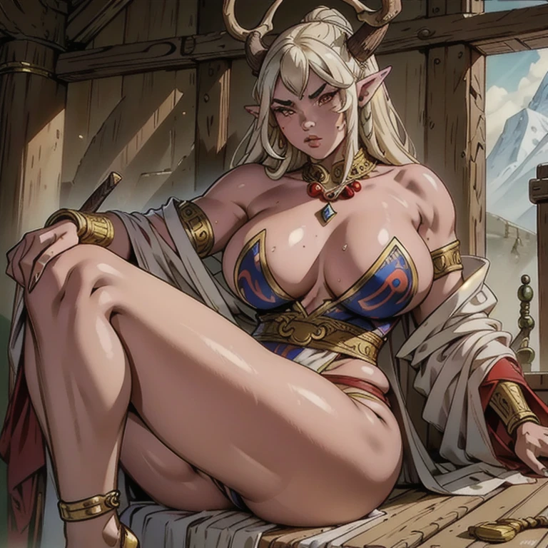 (comely) Asian (((oni female))) warrior, sitting featuring legs spread, dressing (Quimono curto featuring estampa de tigre), featuring ((curvy and thick mature body)) Yet ((muscular)), large size body, long, voluminous white hair blown by the wind, (2 long animes_oni_antlers ), reddish fair skin , (perfect detailed facial features) expressive eyes featuring proud look , thick lips