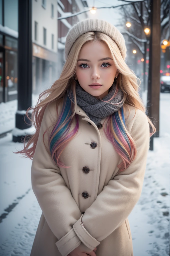 proFessional portrait photograph oF a gorgeous Norwegian girl in winter clothing with long wavy blonde hair, sultry Flirty look, gorgeous symmetrical Face, linda maquiagem natural, wearing elegante warm winter Fashion clothing, ((parado do lado de fora na rua nevada da cidade)), impressionante ambiente urbano moderno, ultra realistic, arte conceitual, elegante, Altamente detalhado, Intrincado, sharp Focus, depth oF Field, F/1. 8, 85mm, tiro médio, meio do tiro, (((proFessionally color graded))), bright soFt diFFused light, (volumetric Fog), tendências no instagram, hd 4k, 8K