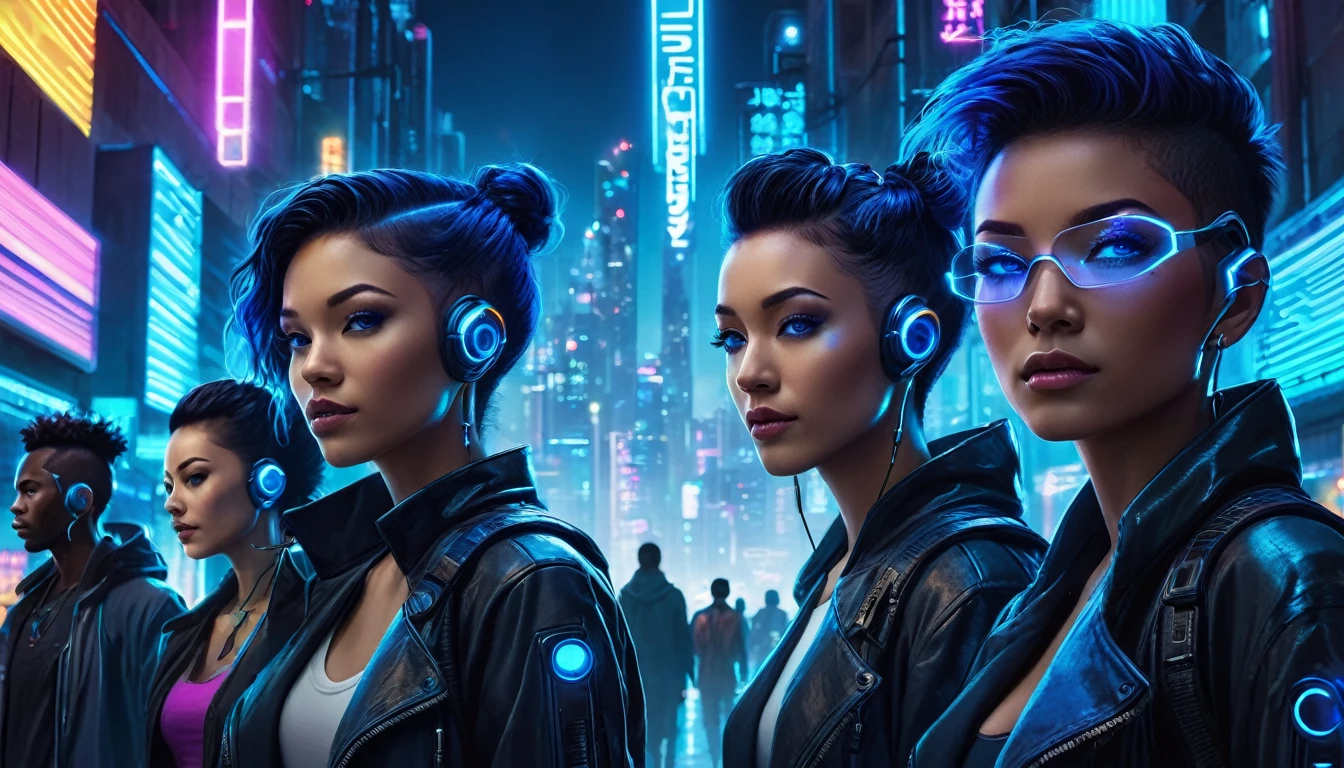 Five individuals of varying genders strolling through a futuristic city at night, sporting bright blue micro implants peeking out from behind their ears. This urban, sci-fi image is illuminated by neon lights, embodying a cyberpunk, high-tech aesthetic. The diverse group exudes a modern, tech-savvy vibe as they navigate the cityscape, creating a visually striking scene in a dark alleyway.