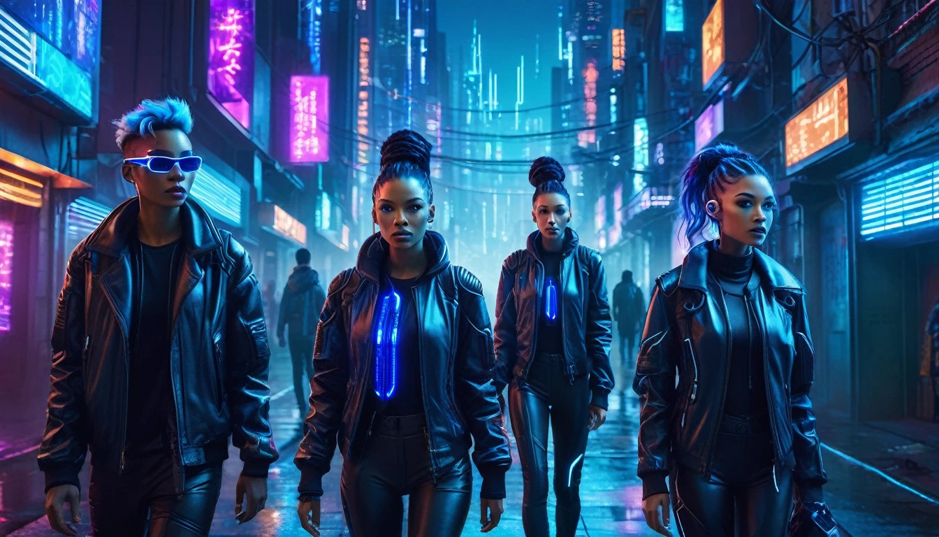 Five individuals of varying genders strolling through a futuristic city at night, sporting bright blue micro implants peeking out from behind their ears. This urban, sci-fi image is illuminated by neon lights, embodying a cyberpunk, high-tech aesthetic. The diverse group exudes a modern, tech-savvy vibe as they navigate the cityscape, creating a visually striking scene in a dark alleyway.