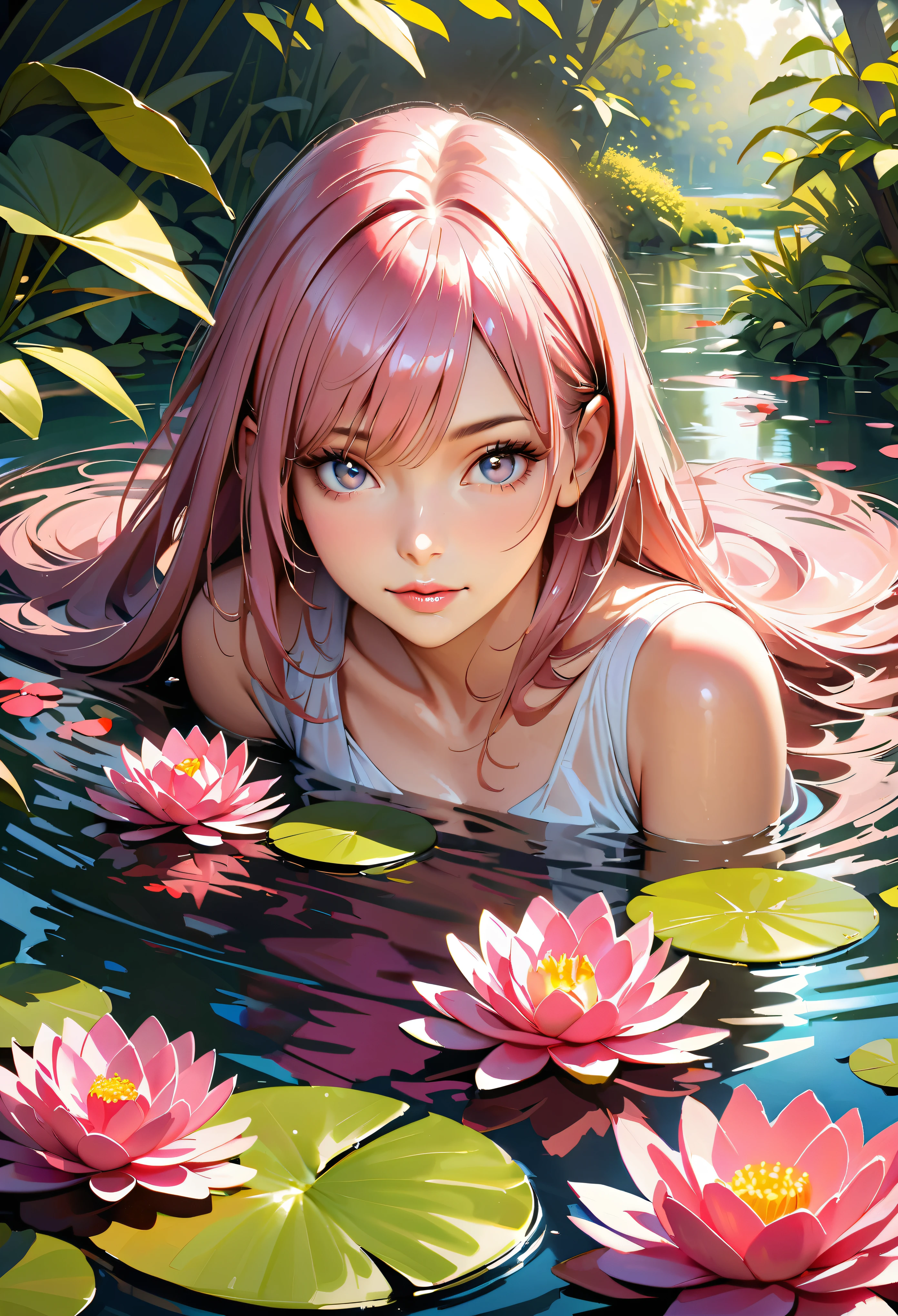 (best quality,realistic:1.37),A girl surrounded by beautiful water lilies,in a serene garden,with vibrant colors and sharp focus,illuminated by soft sunlight.Her eyes are detailed and captivating,with long eyelashes.The girl's face is extremely detailed,with a flawless complexion and rosy cheeks.Her lips are beautifully detailed,painted in a gentle pink shade.She is wearing an elegant white dress that flows gracefully around her.Vivid green leaves of various shapes and sizes frame the scene,creating a lush and peaceful atmosphere.The water lilies float delicately on the tranquil pond,their petals displaying shades of pink, purple, and white,while their leaves provide a vibrant green contrast. The sunlight reflects on the surface of the water,creating a shimmering effect.The garden is filled with the fragrance of flowers and the sound of buzzing insects,adding to the overall sensory experience.It is a masterpiece of nature, captured in this photorealistic painting.