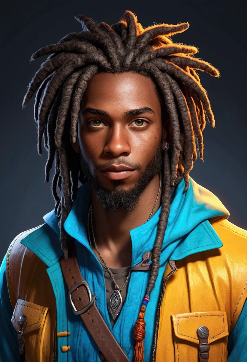 Dark-skinned young man, bright blue eyes and adventurer outfit, dreadlocks pretos, cabelo estilo dreadlock, unshaven beard, colourful drawing, unrealistic character concept, character concept portrait of me, detailed portrait of the character, anime style character, anime style portrait, a character portrait, cel - shaded art style, Your outfit consists of a set of adventure clothes, inspirado em dungeon e dragons