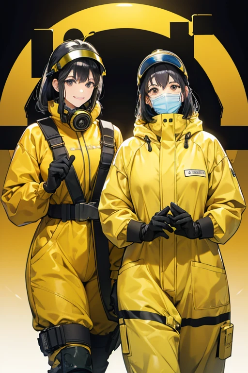 Two smiling black-haired mature women wearing yellow radiation protection suits at a nuclear power plant gloves gas mask boots visor