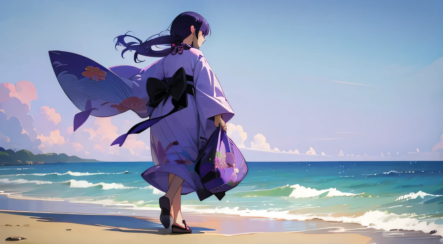 summer, walk along the beach, kimono, purple hair, japanese girl, back view, umbllera