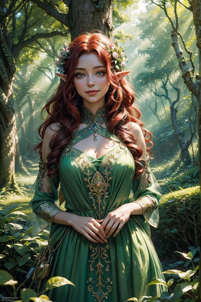 (A charming elf woman with piercing green eyes, flowing red curly hair, and a bright smile) (Lush, bright colors, Detailed Background, fantasy setting, Dreamy lights and bright sunshine) [oil painting, fantasy art,illustration] (best quality, 4K,High resolution,Photo-realistic) (Mysterious forest with towering trees, vibrant flowers, and magical creatures)(soft, Ethereal lights cast dappled shadows) [Mossy stone road, Gentle breeze，Rustling leaves, sparkling fairy dust] (Elf woman wearing elegant green dress，It is decorated with intricate forest patterns, shining with charming light) (Delicate flowers are woven into her hair, sparkling with dew) (Calm expression, elegant posture, Surrounded by an aura of graceful power and wisdom) [An ancient spell book lay open beside her, hinting at her mystical abilities] (Sunlight filtering through dense leaves, Create a warm and welcoming atmosphere)