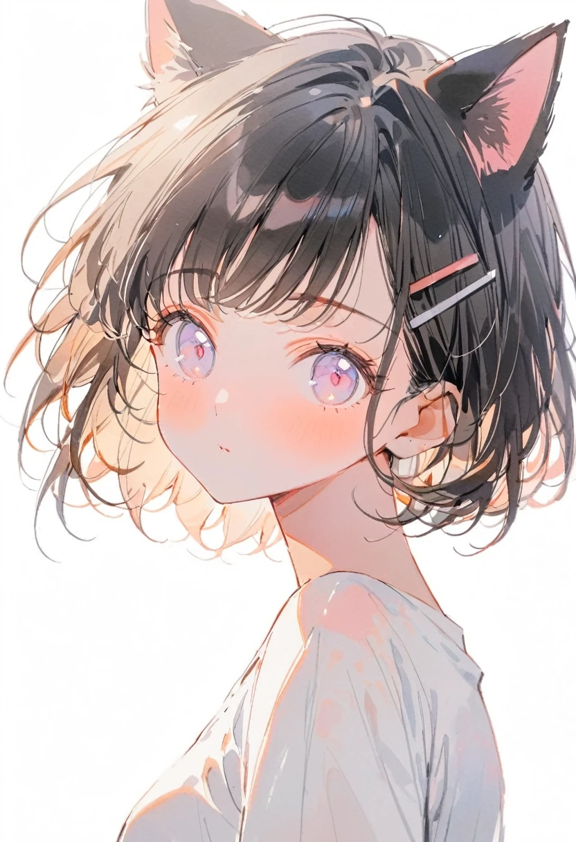 best quality, beautiful, (watercolor:1.2), girl, light black, black hair, short hair, cat ear, Upper Body, white t-shirts, look at me, big light color hairpin, white background