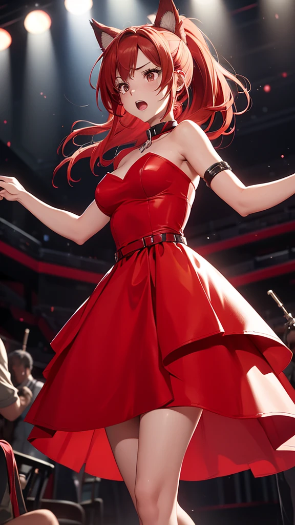 A girl with red cat ears, red hair, ponytail, she is wearing a red strapless dress that leaves her thighs and legs and feet exposed, full body, she has her arms half open, her wrists are handcuffed and chained by a metal chain that connects to a steel collar that is around her neck, in a high-class ballroom, there are men in suits in the background and an audience in the background, she is wearing red gloves that go from her hands to half of her arms, she is worried, anxious, barefoot, her hands are half open, open mouth, fear, standing