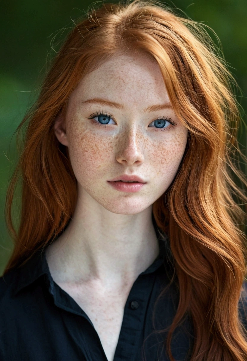 messy long flowing ginger hair, asian redhead ginger girl (18 years old), (freckles, pale skin), defined jawline, smaller head, blue eyes, gorgeous and seductive black shirt