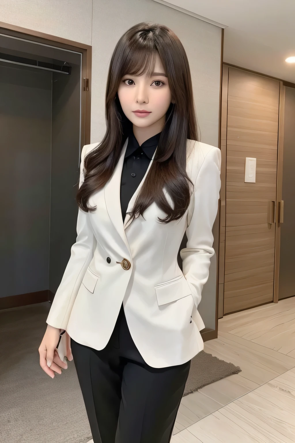 An Arabian woman in a suit is standing in a room, South Korean actress, Japanese actress, Girl in suit, Jaeyoung Nam, Lee Ji-eun, Lee Ji-eun, Girl in suit, beautiful south Korean women, Kwak Ji-yeon, Hwang Seong, gorgeous young Korean women, Korean women, Choi Hong-hwa, korean artist, Looking at this