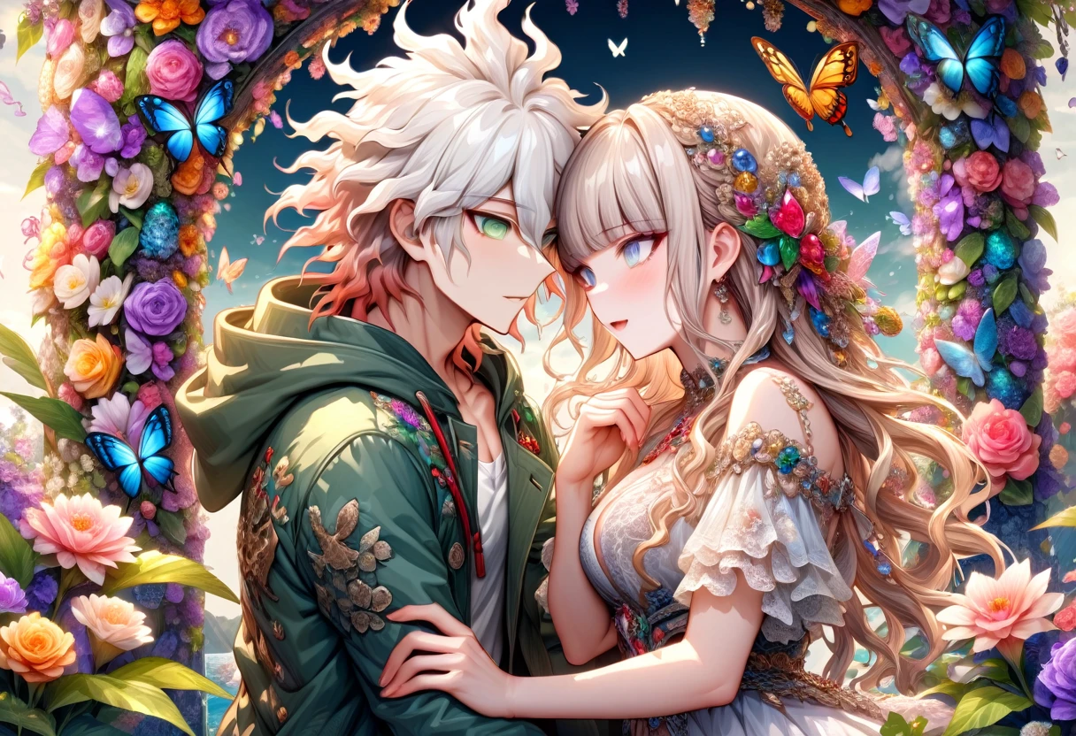 Ultra detailed, HDR, Highres, absurdres, master piece, Aida, ash blonde hair, expressive green eyes, Komaeda Nagito, white hair, expressive green-gray eyes, green coat with hoodie, white shirt, Danganronpa 2, flowers, butterflies, fantasy, magical, green leaves, summer, a beautiful woman together with a handsome man, couple, love, sensual, island