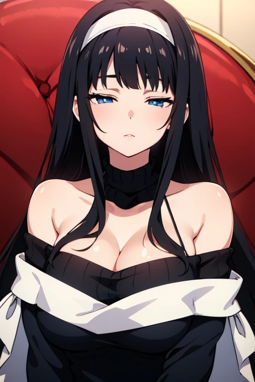 Hime cut, (super long black hair), (straight bangs),(White headband), blue eyes, (half closed eyes), (tsurime), wears an off-the-shoulder sweater,Unbelievably large breasts1.6, Cleavage,