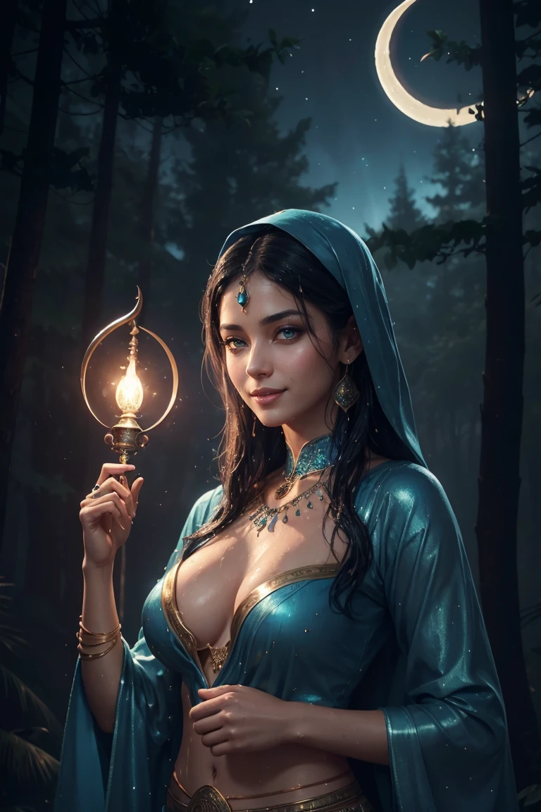 ((Yasmin, semi-naked woman with blue persian clothes holding a magic lamp, smiling, wet clothes, in a beach, eyes and body facing the camera )) hair with many details, 8k artgerm bokeh, fanart best artstation, render photorealistic, guweiz-style art, inspired by WLOP, ig model | artgerm, detailed waist up portrait, stunning wait up portrait of realistic face, beautiful waist up portrait, deviantart artstation cgscosiety, cinematic realistic portrait, high quality portrait, elegant digital painting, photorealistic artstyle, ((night sky in the woods with crescent moon background))