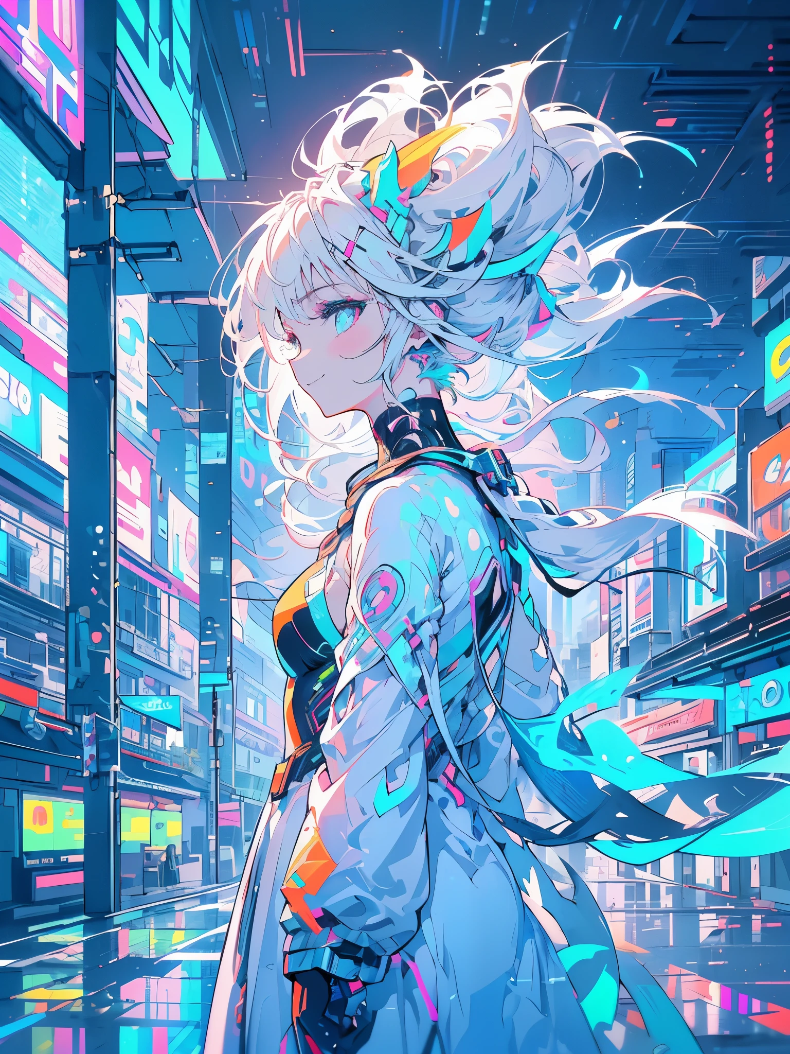 Cyberpunk city neon streets, work of art, LED paths in every corner, (((a girl in profile holding her hair to the side, white hair moving delicately with the wind, calm smile, gentle expression of peace))), the street has green neon logos, orange, cerulean,