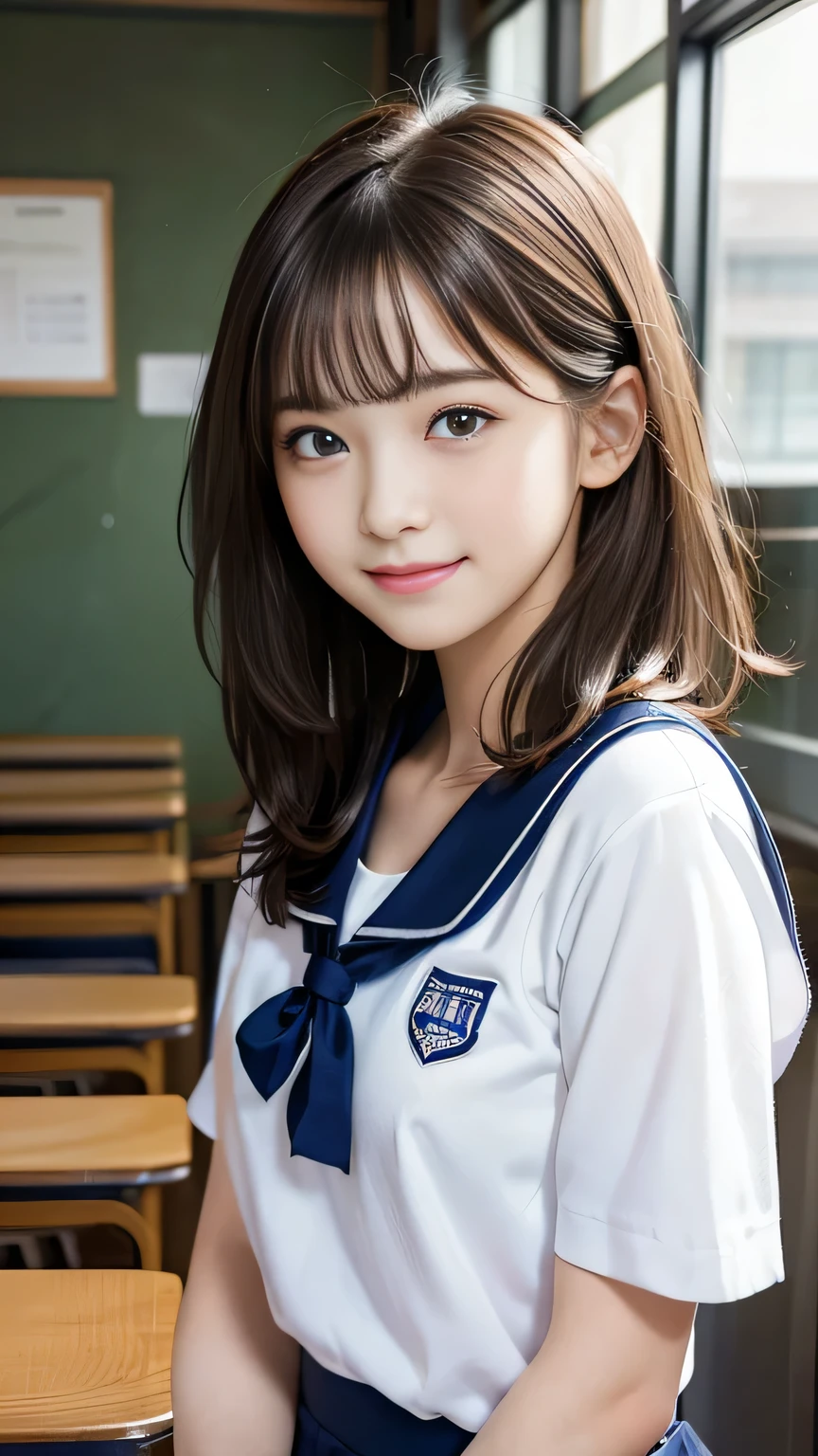 Masterpiece、Best Quality、Illustration、 Super detailed、Fine details、 High resolution、8K Denden Wallpaper、Perfect dynamic composition、A cute 15-year-old junior high school girl、Sweet girl、Detailed beautiful face、Detailed cute eyes、Textured skin、A modest smile、Very Short Hair、Small breasts、School Sailor Uniform、
