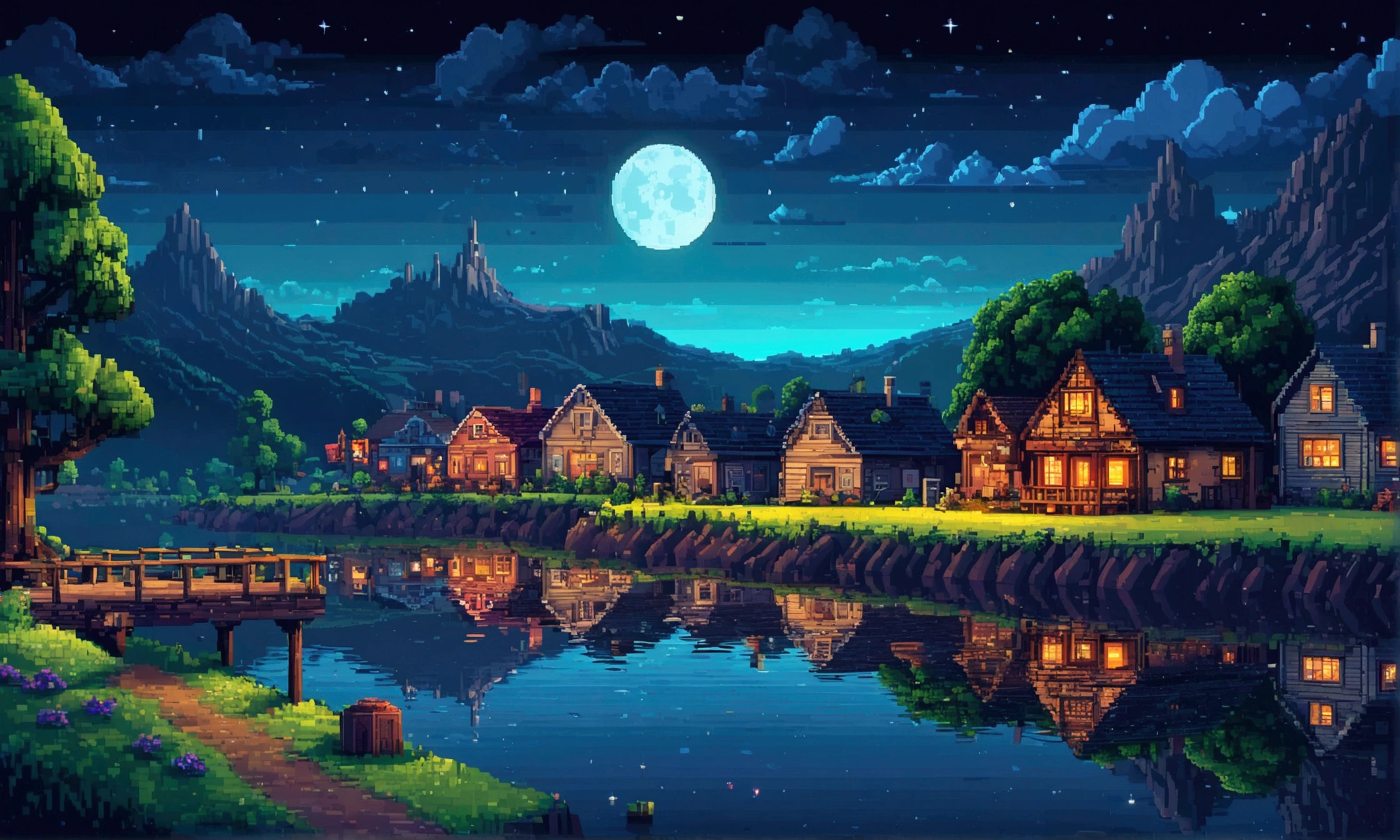Pixel art calm place landscape.Beautiful night sky.Look to a small town. 3d pixel art 4k thumbnail. Incredible pixel art details. Pixel art. Detailed unreal engine pixel art