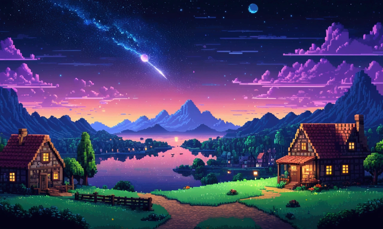 Pixel art calm place landscape.Beautiful night sky.Look to a small town. 3d pixel art 4k thumbnail. Incredible pixel art details. Pixel art.  Detailed unreal engine pixel art