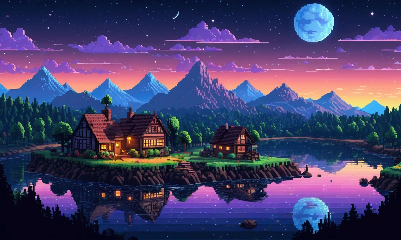 Pixel art calm place landscape.Beautiful night sky.Look to a small town. 3d pixel art 4k thumbnail. Incredible pixel art details. Pixel art. Detailed unreal engine pixel art