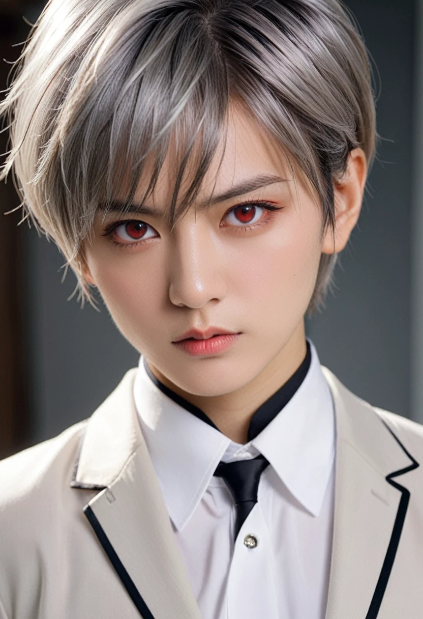 (Close-up face style), (pov, solo:2, 16 yo), (cool crew cut) (cool detailed silver hair, very short hair) (divine fighter boy, cool beautiful red eyes), (very angry face:1.3), in a butler suit, BREAK, perfect anatomy, masterpiece, best quality, 16k, beautiful detailed lclose-up face, daydreaming expression.
