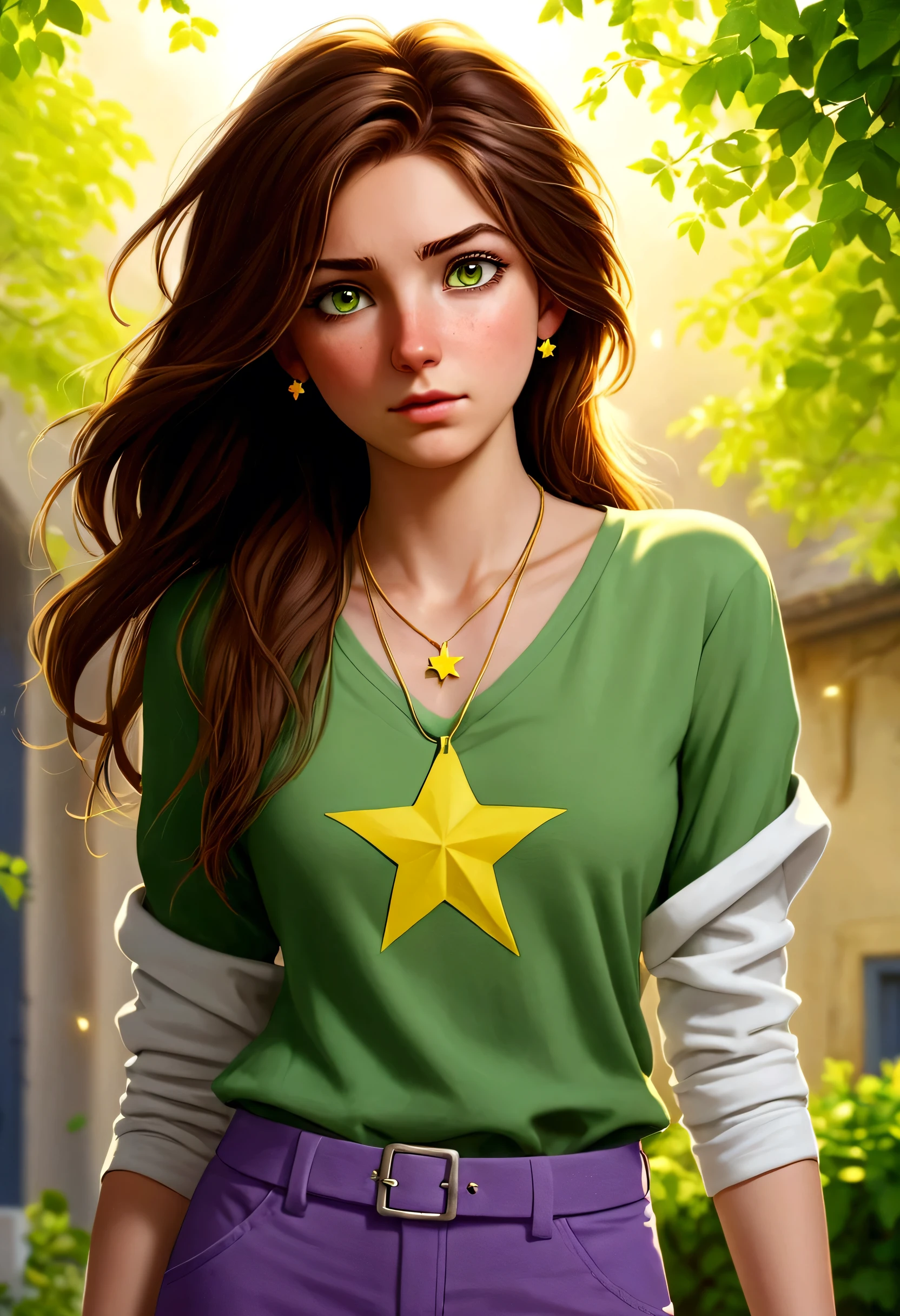 Image of a tall 21 year old girl with medium long and slightly messy brown hair, green eyes, white bandages on the arms and a necklace with a yellow star pendant in spring. Clothing: a purple shirt and gray pants