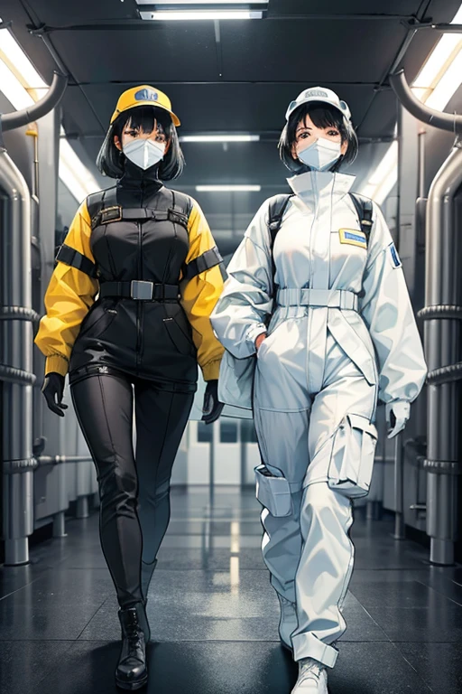 Two black-haired mature women working in white radiation protection suits at a nuclear power plant gloves gas mask boots visor