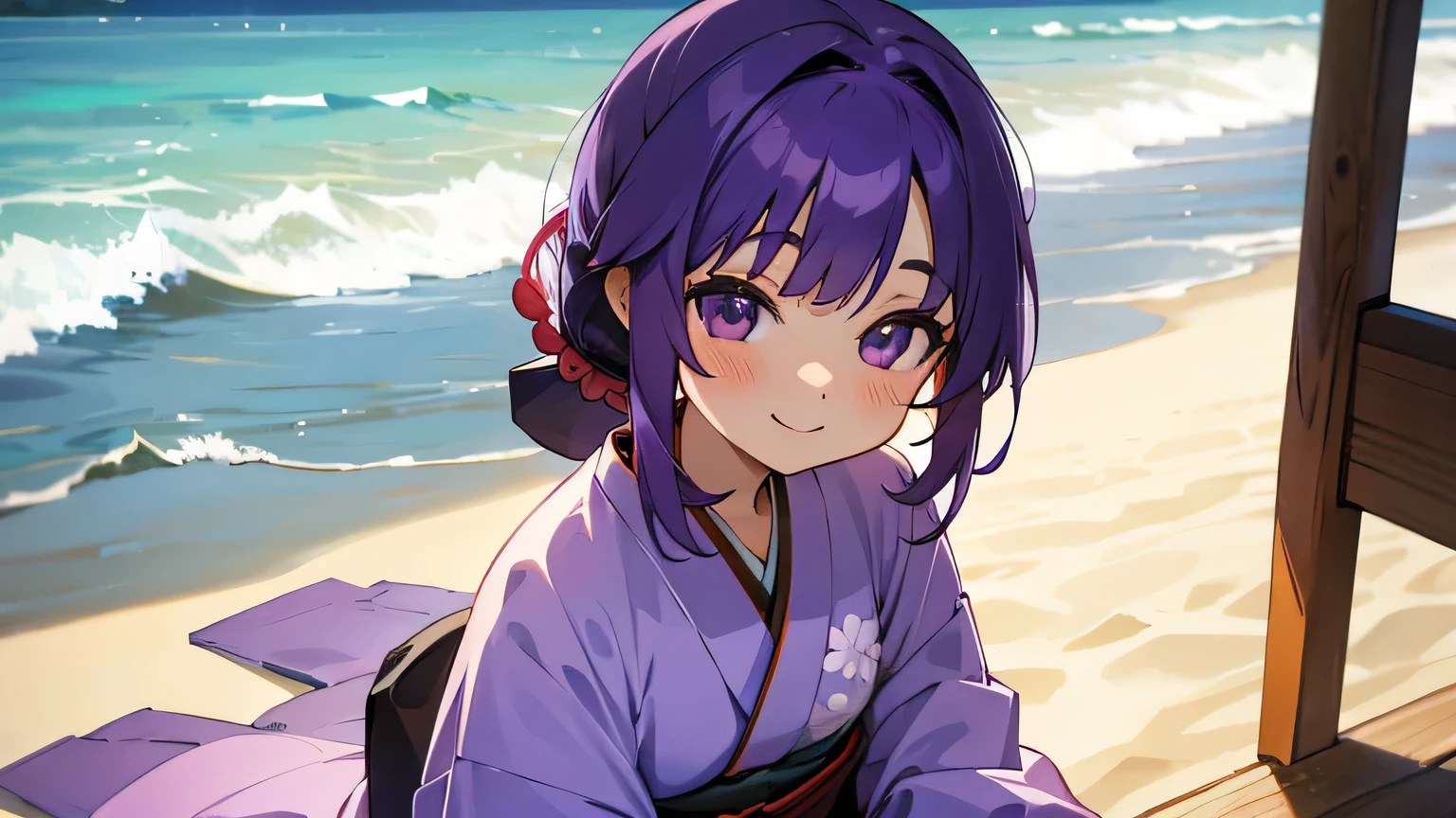 summer, beach, kimono, purple hair, smile, japanese girl