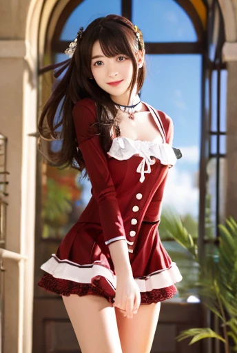 Top quality masterpiece,Very detailed.Ultra-realistic, (Full Body Shot),pull clothes, Pulling on the dress, pull clothes, Wind, Wind力上昇, dress pull one piece, 15 years old, 1 Female, Hair fluttering, Long Hair, Both sides up, shy, one piece, break ,Sandals
