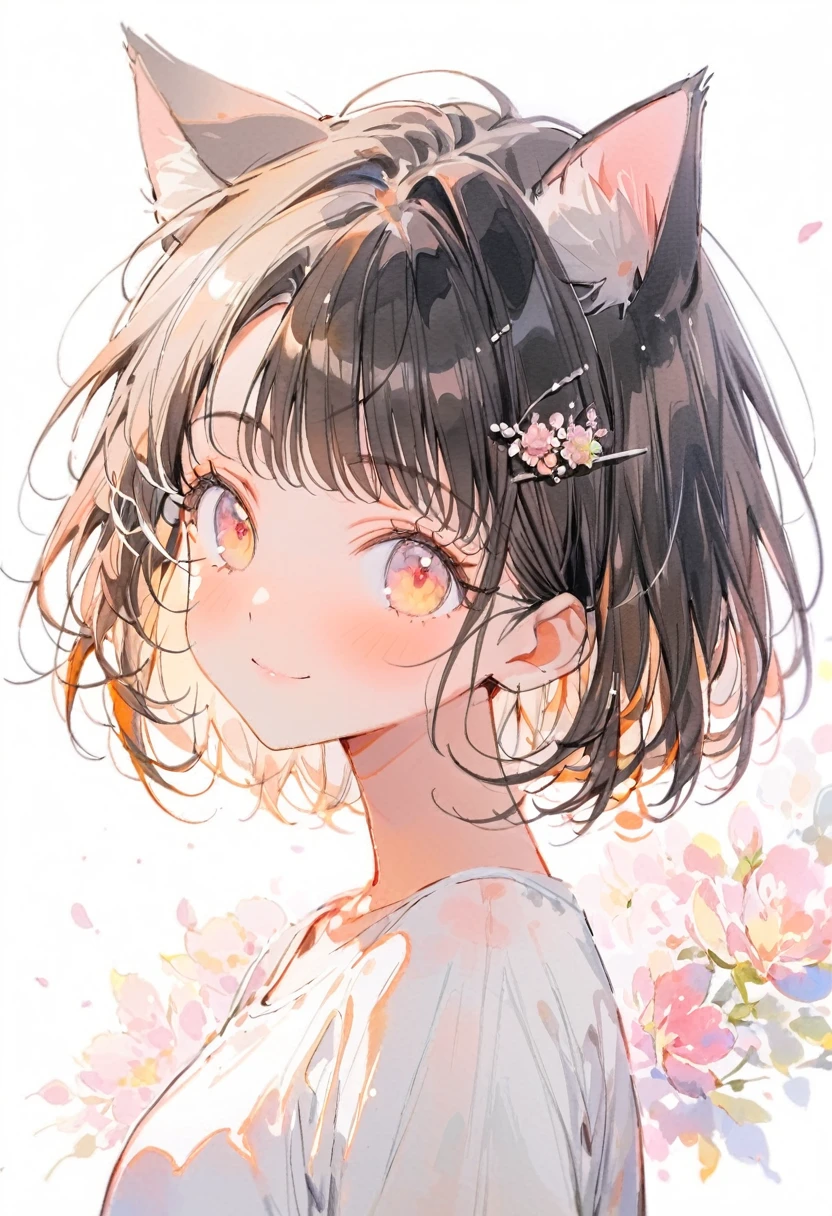 best quality, beautiful, (watercolor:1.2), girl, light black, black hair, short hair, cat ear, Upper Body, smile. white t-shirts, look at me, big light color hairpin, white background