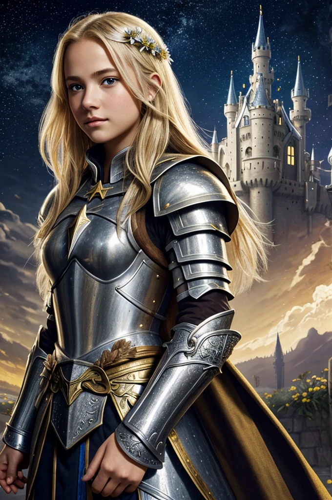 Girl with blonde hair, brown eyes and delicate face, wearing silver knight armor with details of white and gold flowers, in the background a dark cloud castle with lights and stars