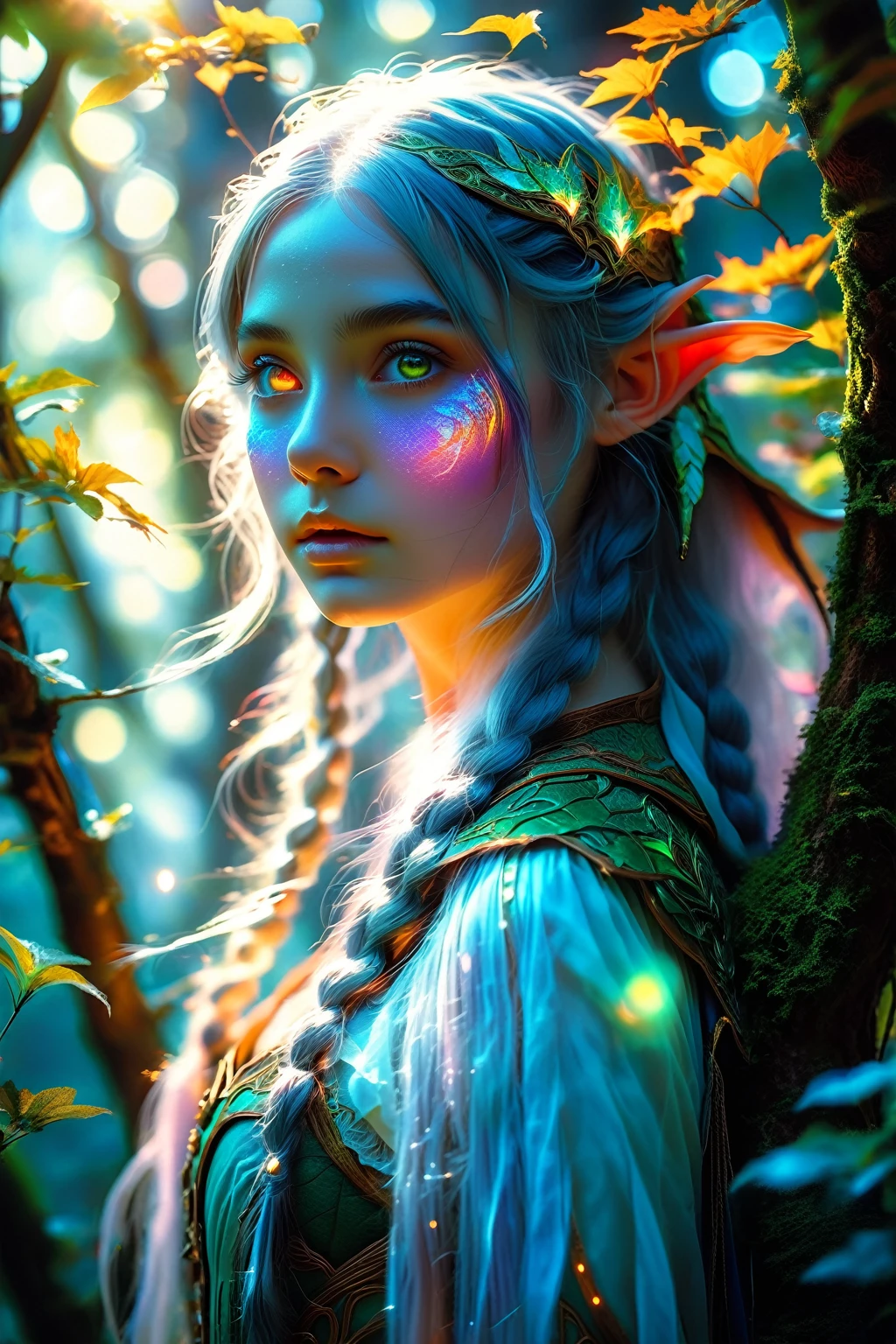 "Magical Clearing: 位於Magical Clearing的位置, Surrounded by dappled sunlight and greenery", (best quality, 4K, High resolution, masterpiece:1.2), Super detailed, actual, radiant lighting, Aged in their twenties, epoch elves, portrait, Dreamy colors, art, ethereal existence, dreamlike, whimsical creatures, Detailed facial features, glowing eyes, Elf beauty, ethereal light, Mysterious Creatures, harmonious composition, Dazzling colors, Stunning visual effects, otherworldly appearance, mesmerizing artistry,