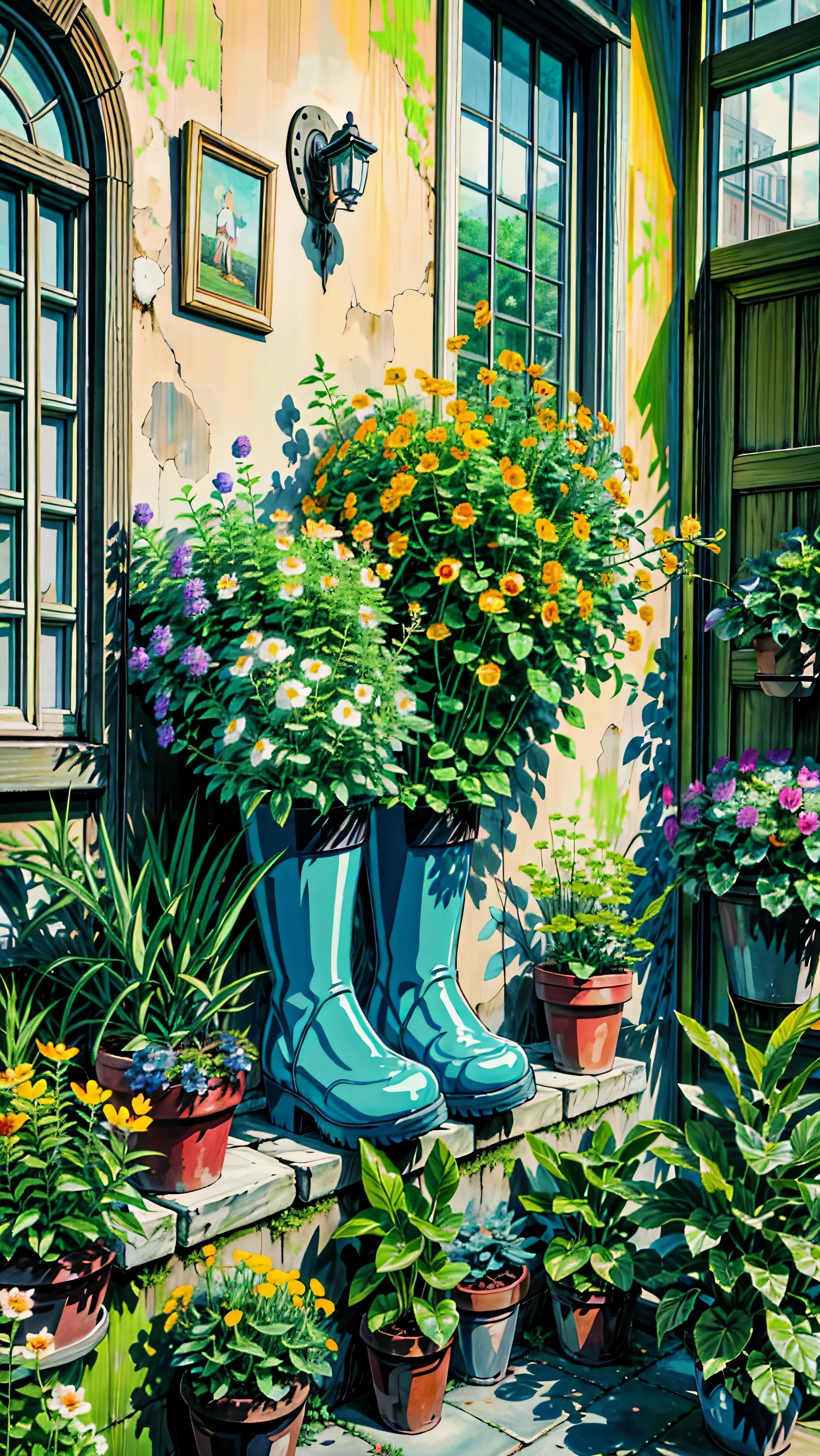 a pair of blue rain boots with yellow flowers in them, flower pots, upcycled, plants allover, the platonic ideal of flowers, the yellow creeper, planters, potted plants, potted plant, beautiful flowers growing, cute style garden, yellow flowers, pot plants, i dream of a vase flowers, better homes and gardens, decorative flowers, neon flowers, hd, cloud,beautiful art uhd 4 k, a beautiful artwork illustration, beautiful digital painting, highly detailed digital painting, beautiful digital artwork, detailed painting 4 k, very detailed digital painting, rich picturesque colors, gorgeous digital painting