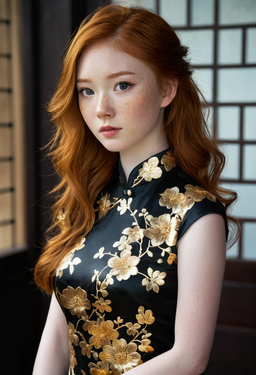 messy long flowing ginger hair, ( gold|black translucent:1.4 cheongsam:1.331), asian redhead ginger girl (18 years old), (freckles, pale skin), defined jawline, smaller head, blue eyes, gorgeous and seductive, black shirt