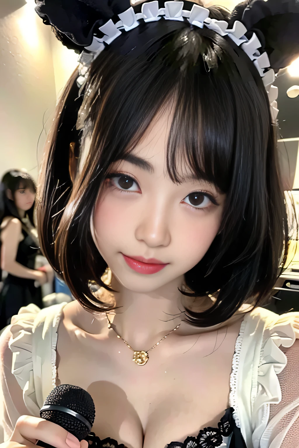 (masterpiece,best quality:1.4),(absurdres:1.3),((8k)),((super resolution:1.4)),(raw photo,photo realistic:1.2),(shiny skin),extremely detailed skin,detailed face,detailed eyes,sparkling eyes,Detailed hand,Detailed Hair,Detailed Background,(TEMU, popular idol costumes, stage costumes,checkered pattern, ta fashion),(detail idol costumes, Loliashion, Rakuten market, TEMU,online shopping,),((Detailed cleavage,holding microphone,Tokyo Dome, Yokohama ArenaConcert,stage)),flat chest,,1 young,r body,Japanese idol,extremely beautiful face,brown hair,Hair ornament, fair-skinned ,random hairstyle, pretty girl singing,,nsfw,,crouch,Front view from below:1.3,nogisaka costumes,lace Panties