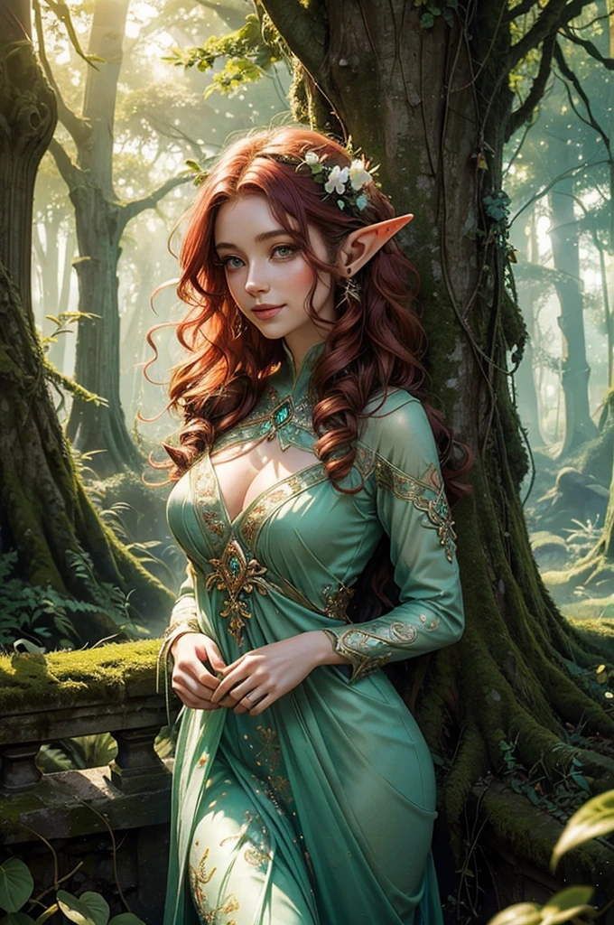 (A charming elf woman with piercing green eyes, flowing red curly hair, and a bright smile) (Lush, bright colors, Detailed Background, fantasy setting, Dreamy lights and bright sunshine) [oil painting, fantasy art,illustration] (best quality, 4K,High resolution,Photo-realistic) (Mysterious forest with towering trees, vibrant flowers, and magical creatures)(soft, Ethereal lights cast dappled shadows) [Mossy stone road, Gentle breeze，Rustling leaves, sparkling fairy dust] (Elf woman wearing elegant green dress，It is decorated with intricate forest patterns, shining with charming light) (Delicate flowers are woven into her hair, sparkling with dew) (Calm expression, elegant posture, Surrounded by an aura of graceful power and wisdom) [An ancient spell book lay open beside her, hinting at her mystical abilities] (Sunlight filtering through dense leaves, Create a warm and welcoming atmosphere)