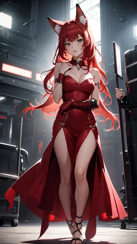 A girl with red cat ears, red hair in ponytail, wearing red strapless dress, legs and feet exposed, full body, arms half open, wrists handcuffed and chained to steel collar around neck, in high-class ballroom, men in suits and audience in background, red gloves covering hands and half arms, worried, anxious, barefoot, open mouth, fear, standing

(best quality,4k,8k,highres,masterpiece:1.2),ultra-detailed,(realistic,photorealistic,photo-realistic:1.37),1girl,beautiful detailed eyes,beautiful detailed lips,extremely detailed eyes and face,long eyelashes,high fashion,elegant,exquisite,intricate details,award winning photography,dramatic lighting,cinematic,chiaroscuro,dark,moody,intense,surreal