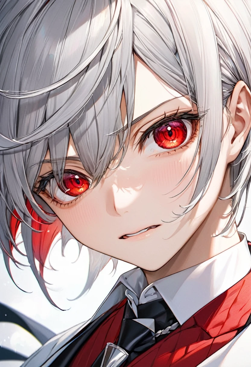 (Close-up face style), (pov, solo:2, yo), (cool crew cut) (cool detailed silver hair, very short hair) (divine fighter boy, cool beautiful red eyes), (very angry face:1.3), in a butler suit, BREAK, perfect anatomy, masterpiece, best quality, 16k, beautiful detailed lclose-up face, daydreaming expression.