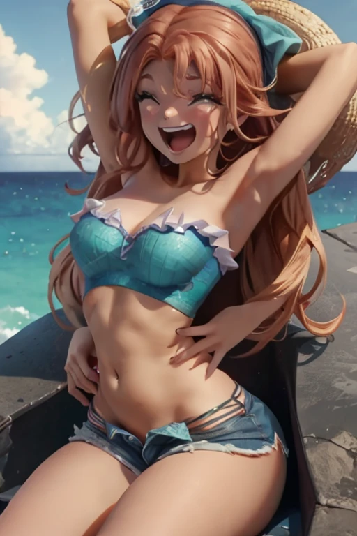 ariel, sexy body, thick, thick thighs, round booty, gorgeous, she is laughing, she is excited, she is surrounded by 3men, the men are grabbing for her, the men are grabbing her sides:1.2, the men are grabbing her thighs,:1.2, the men are grabbing her tummy,:1.2 caribbean sea-side town background, wearing crop top tshirt, denim cutoff shorts, highly accurate, extreme detail, high quality,