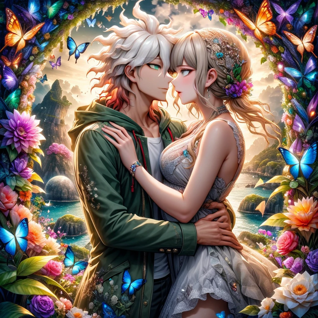 Ultra detailed, HDR, Highres, absurdres, master piece, Aida, ash blonde hair, expressive green eyes, Komaeda Nagito, white hair, expressive green-gray eyes, green coat with hoodie, white shirt, Danganronpa 2, flowers, butterflies, fantasy, magical, green leaves, summer, a beautiful woman together with a handsome man, couple, love, sensual, island