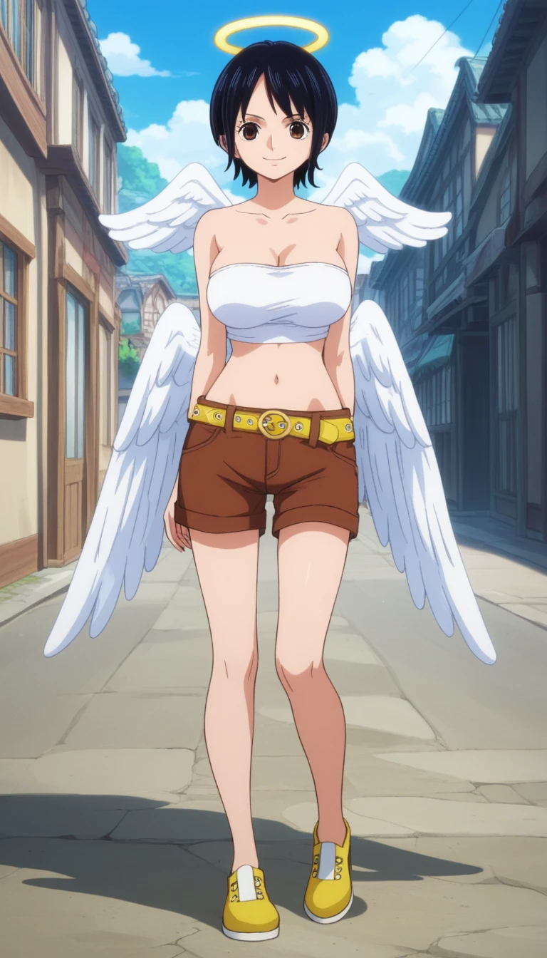 score_9, score_8_up, score_7_up, best quality, masterpiece, source_anime, anime screencap, one_piece_wano_style, clear face, 1girl, solo, black hair, short hair, angel wings, white tube top, brown eyes, large breasts, shorts shorts, bare shohulders, Sesión, collarbone, belt, brown shorts, camisa, yellow footwear, navel,calzas grices, yellow neckerchief around the shoulders,  Strapless, outdoor, smile, looking at viewer, full body, 