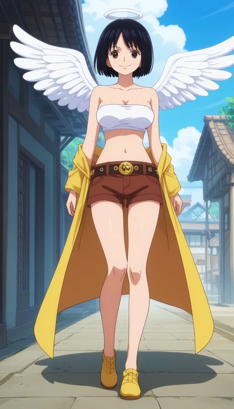 score_9, score_8_up, score_7_up, best quality, masterpiece, source_anime, anime screencap, one_piece_wano_style, clear face, 1girl, solo, black hair, short hair, angel wings, white tube top, brown eyes, large breasts, shorts shorts, bare shohulders, Sesión, collarbone, belt, brown shorts, camisa, yellow footwear, navel,calzas grices, yellow neckerchief around the shoulders,  Strapless, outdoor, smile, looking at viewer, full body, 