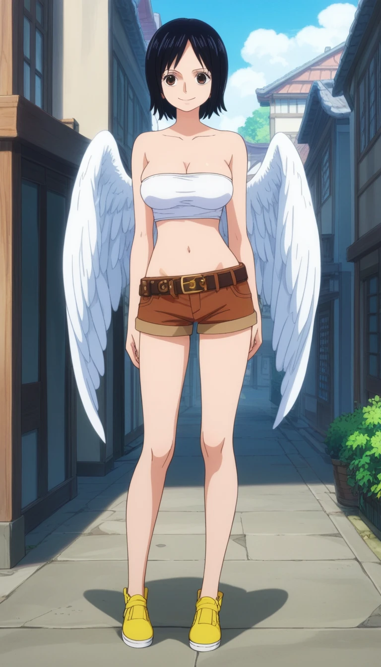 score_9, score_8_up, score_7_up, best quality, masterpiece, source_anime, anime screencap, one_piece_wano_style, clear face, 1girl, solo, black hair, short hair, angel wings, white tube top, brown eyes, large breasts, shorts shorts, bare shohulders, Sesión, collarbone, belt, brown shorts, camisa, yellow footwear, navel,calzas grices, yellow neckerchief around the shoulders,  Strapless, outdoor, smile, looking at viewer, full body, 