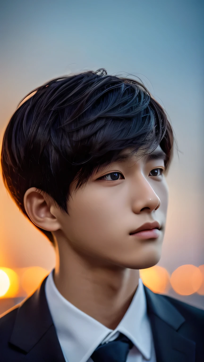 Highest quality, masterpiece, Ultra-high resolution, (Realistic: 1.4), Original photo, wallpaper, Head Photo, skin, Simple Background, Iris, detailed, Selfie, 1 boy, 18-year-old, good looking, Wind,suit、night