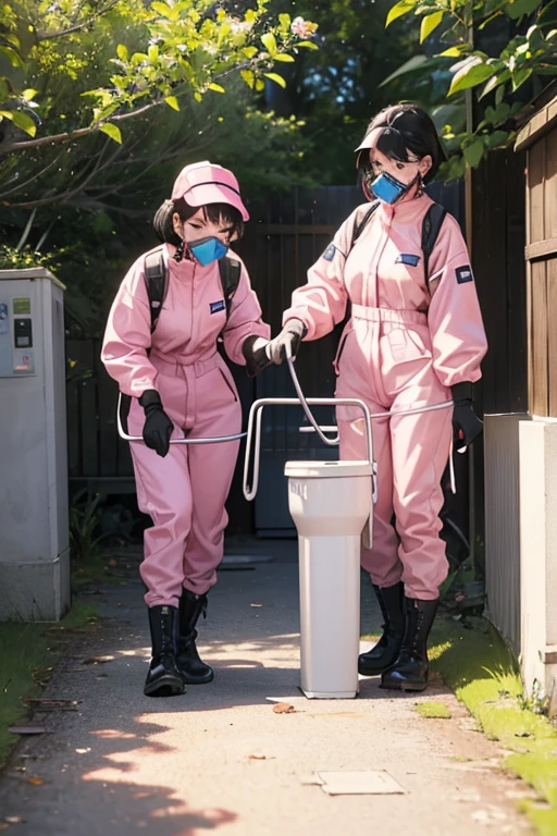 Two black-haired mature women cleaning the park toilet wearing pink radiation protection suits　gloves　gas mask　　boots　visor　