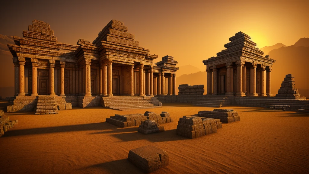 ornate intricate detailed ancient temple, colossal monumental sculpture, indecipherable mysterious hieroglyphic, epic grand story of an ancient lost civilization, detailed dramatic lighting, cinematic dramatic composition, wide angle shot, warm golden color tones, photorealistic, 8k, ultra-detailed, hyper-realistic, concept art, digital art