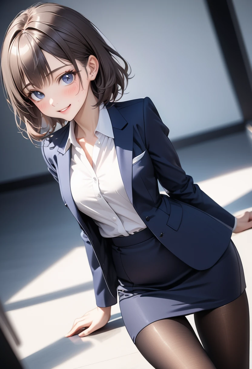 (((Female lawyer, formal suit skirt, pencil skirt, pantyhose, white blouse, navy blue jacket,))), skinny, solo, 1 woman, Masterpiece, highest quality, highest quality, 16K, incredibly absurd, highly detailed, 2.5D, ai-generated, delicate and dynamic, very delicate facial expressions, delicate eye depiction, erotic, only sexy woman, ((A cute and kind face)), healthy figure, ((25-year-old woman)), 160cm tall, medium firm swaying bust,, blush, Sweat,Embarrassed,sexy, ((thin thighs)), (Erect nipples:0.9), shiny and lustrous, facing straight at viewer, smile, ((Oily_skin)), ((dutch angle)), ((erotic pose)), Fashion Model poses, Fashion Model style, (Close-up),