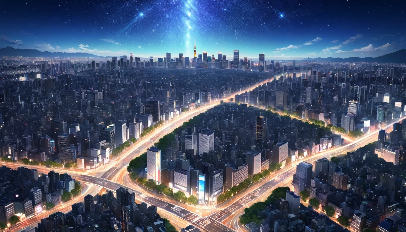 Intersection in Shinjuku,Viewpoint from the road,Starry Sky,Sparkle effect,Highest quality, 8k, High resolution, masterpiece:1.2, Very detailed, Realistic:1.37, High resolution, 超High resolution, Very detailed, Professional, Vibrant colors